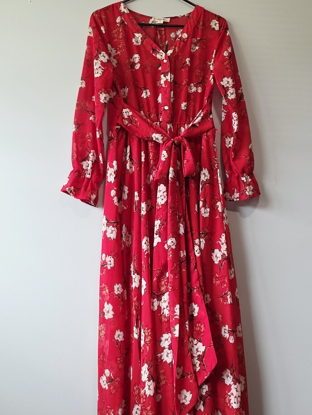 Indigo Rein Red Floral Button-Front Maxi Dress with Tie Waist